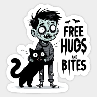 Free Hugs and bites - Cat and zombie kid Sticker